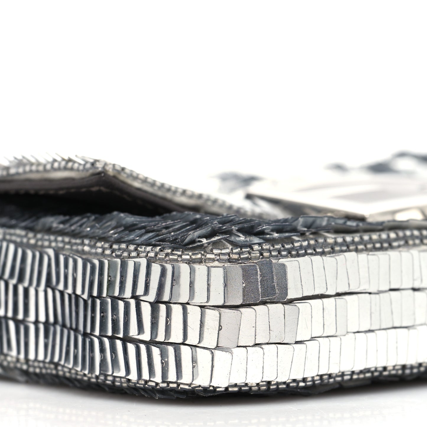 Sequin Paillettes Capretto Lucido Baguette Phone Pouch Argento Moro
