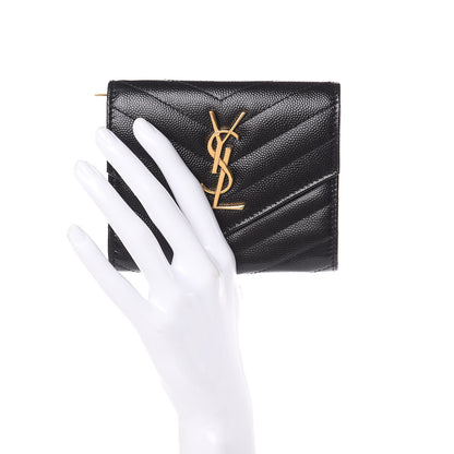 Saint Laurent Grain De Poudre Matelasse Chevron Monogram Compact Tri Fold Wallet Black 2 of 8