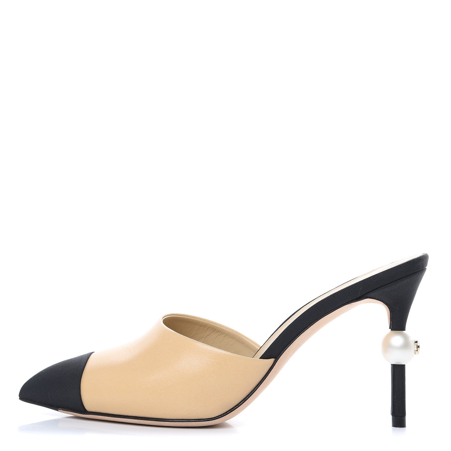 Goatskin Grosgrain Cap Toe Pearl Mule 36 Beige Black