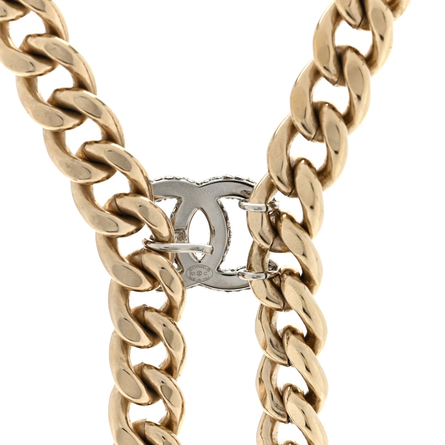 Chain Link Crystal CC Dog Tag Charm Necklace Gold