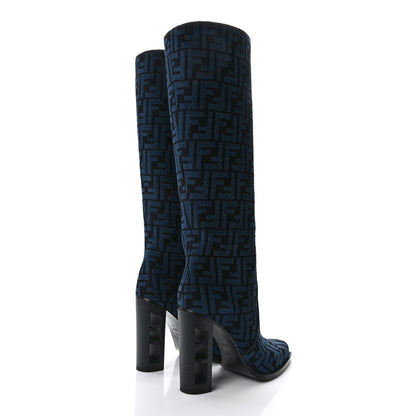 Fendi Chenille Jacquard FF 110mm Knee Boots 39 Black Blue 4 of 9