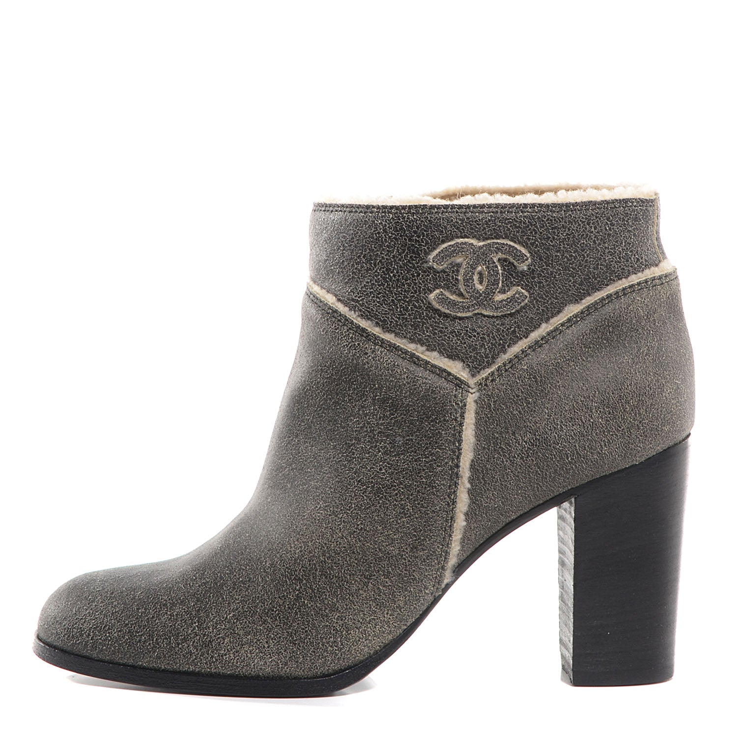 Chanel Distressed Shearling Ankle Boots Shoes 38.5 Black Beige 1 of 7