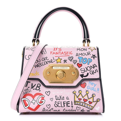 Dolce & Gabbana Calfskin Graffiti Printed Welcome Satchel Pink Black 1 of 8