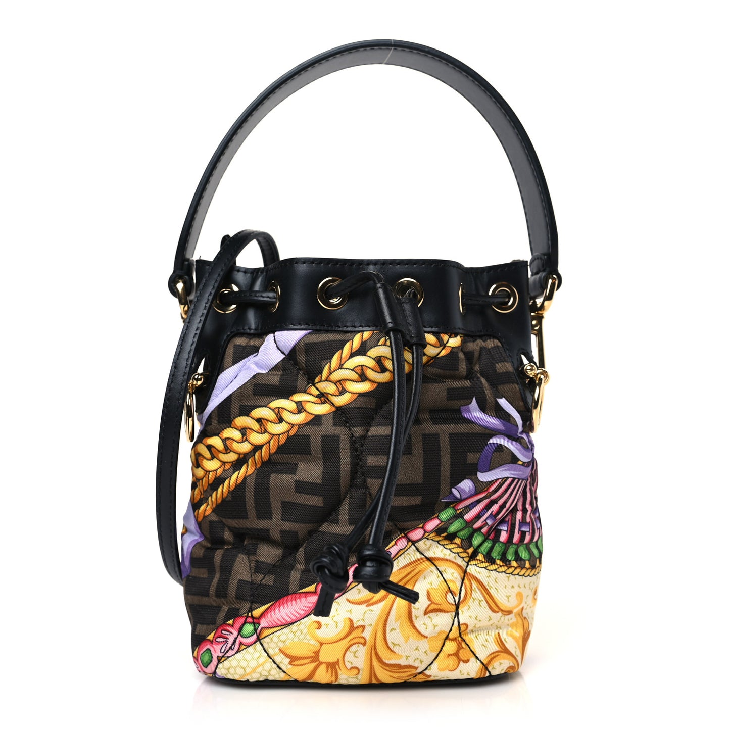 X VERSACE Silk Vitello Fendace FF Baroque Quilted Mini Mon Tresor Bucket Bag Gold Multicolor