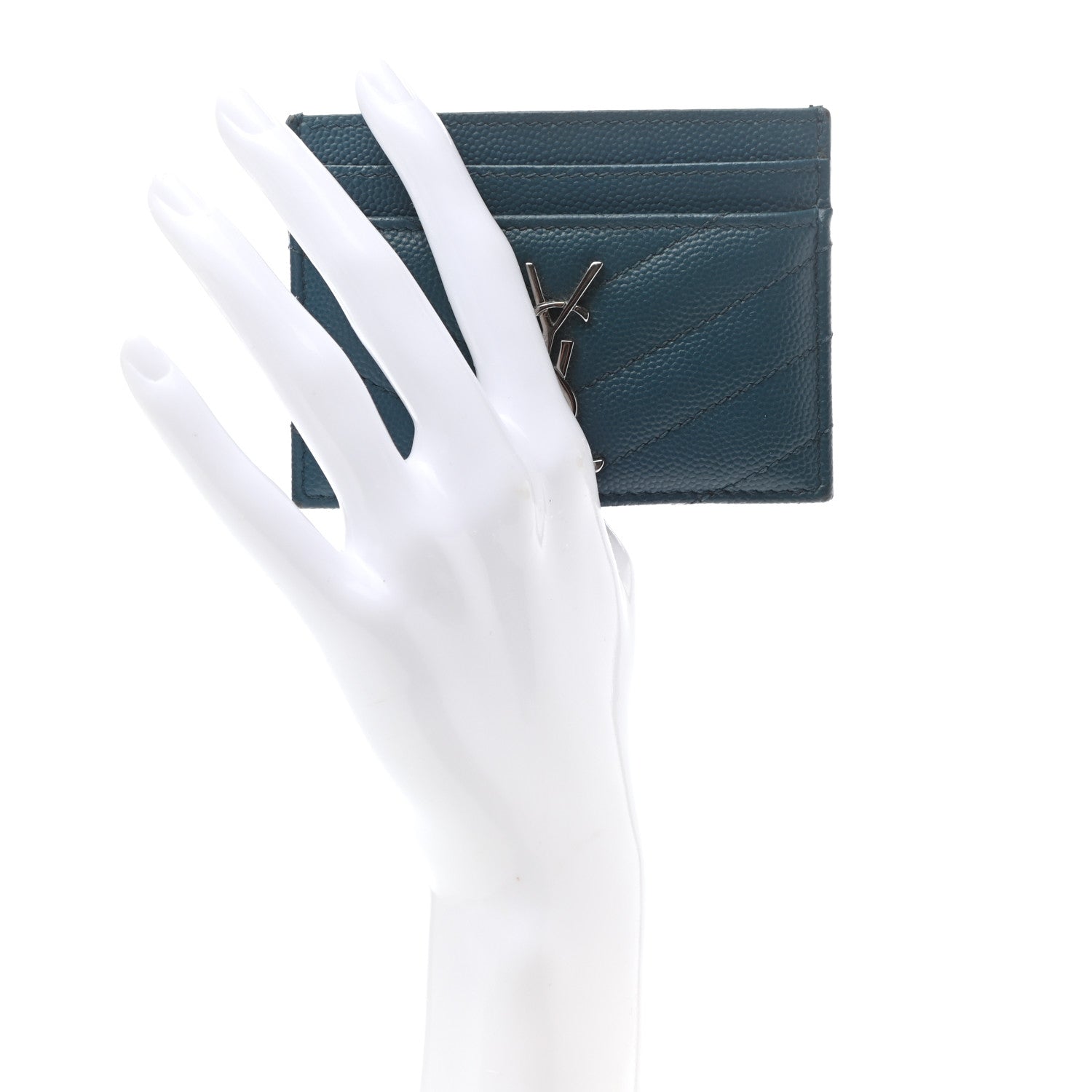 Saint Laurent Grain De Poudre Matelasse Chevron Monogram Credit Card Case Peacock Green 2 of 7