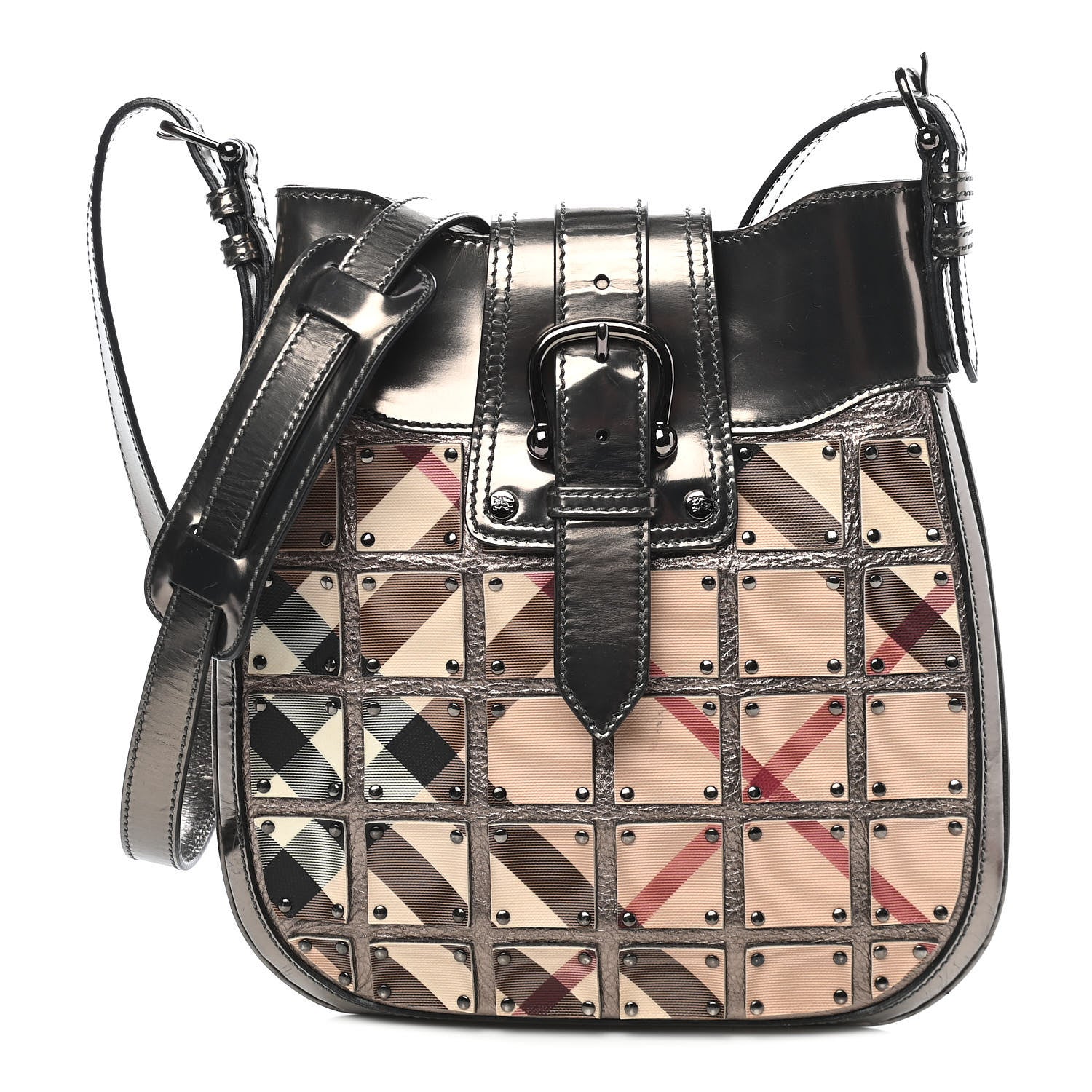 Burberry Metallic Patent Studded Nova Check Patchwork Crossbody Pewter 1 of 8