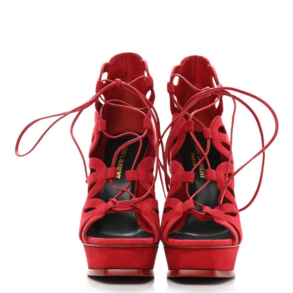 Saint Laurent Kid Scamosciato Tribute 105 Lace Up Platform Sandals 37 Red 2 of 8