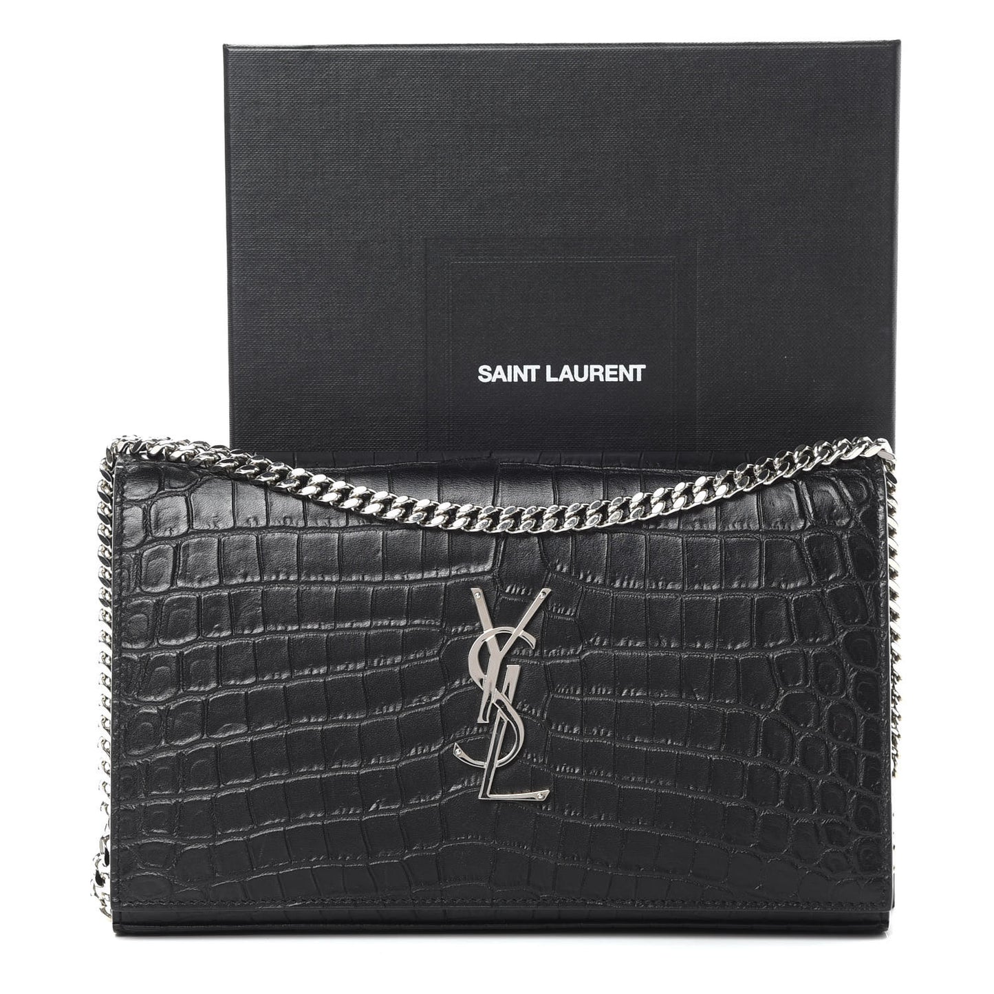 Calfskin Crocodile Embossed Monogram Chain Wallet Black