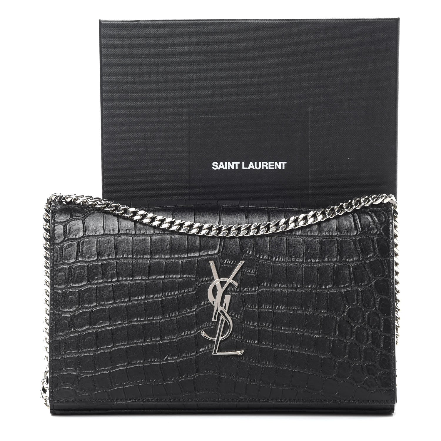Saint Laurent Calfskin Crocodile Embossed Monogram Chain Wallet Black 13 of 13