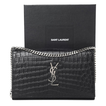 Saint Laurent Calfskin Crocodile Embossed Monogram Chain Wallet Black 13 of 13