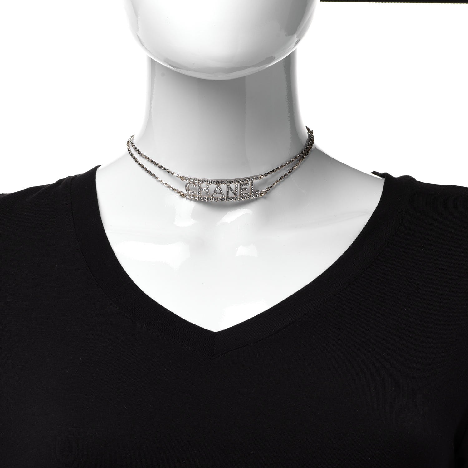 Chanel Metal Crystal Logo Choker Necklace Gold 2 of 5