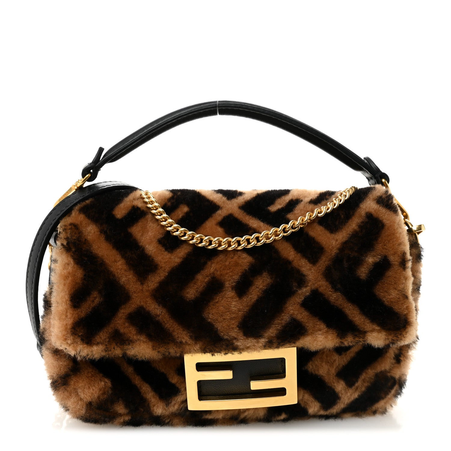Fendi Shearling Vitello Dolce Macro FF 1974 Mini Baguette Tobacco Black 1 of 10