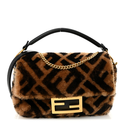 Fendi Shearling Vitello Dolce Macro FF 1974 Mini Baguette Tobacco Black 1 of 10