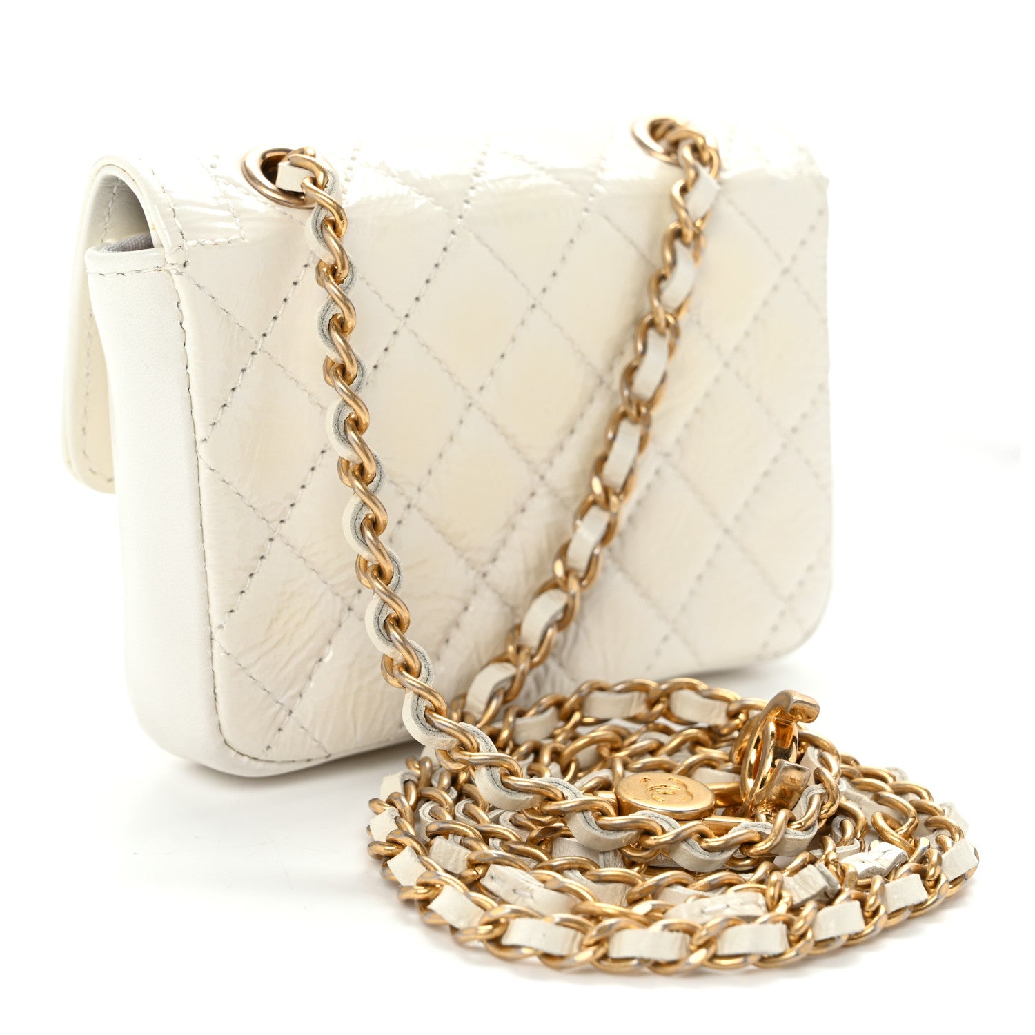 Chanel Shiny Aged Calfskin Quilted Waist Belt Bag White 1891018