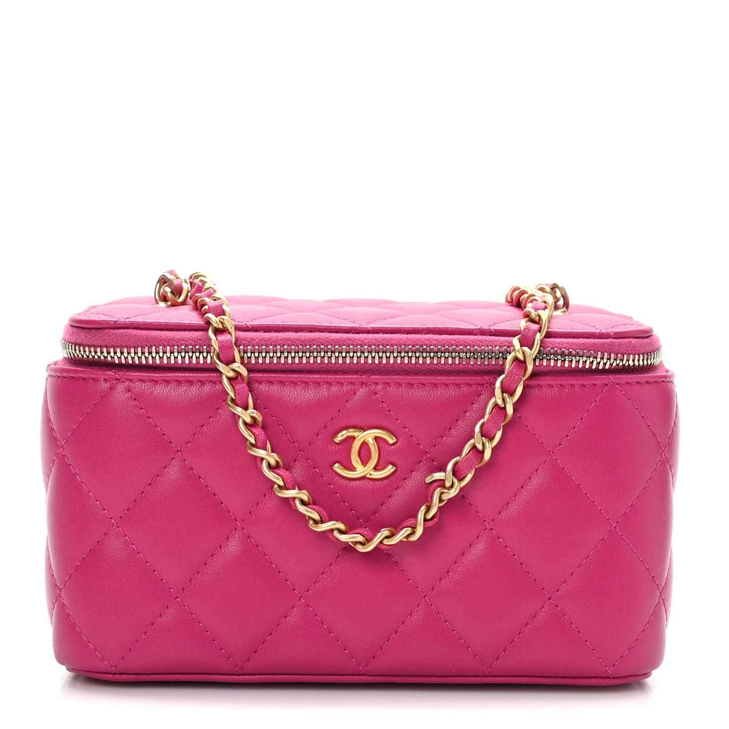 Lambskin Quilted Small Pearl Crush Vanity Case With Chain Fuchsia