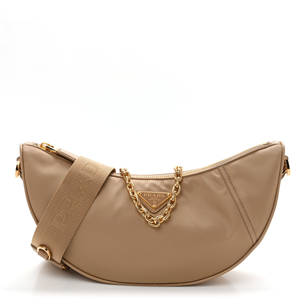 Re-Nylon Saffiano Demi-lune Shoulder Bag Cammello
