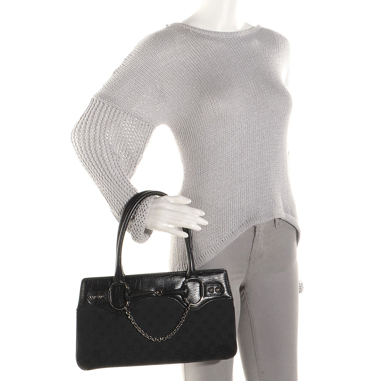 Gucci Monogram Horsebit Chain Shoulder Bag Black 2 of 7