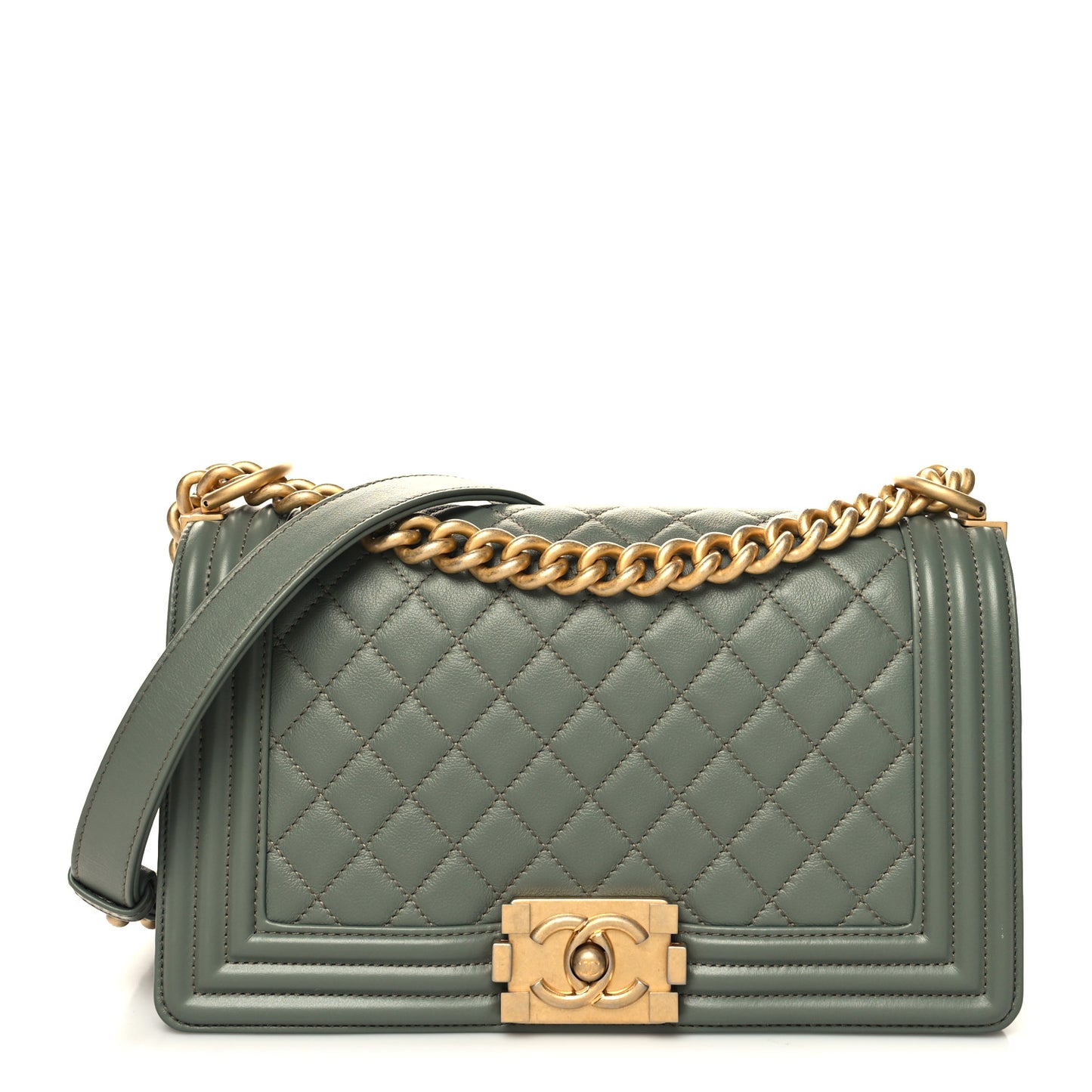 Calfskin Quilted Medium Boy Flap Dark Green