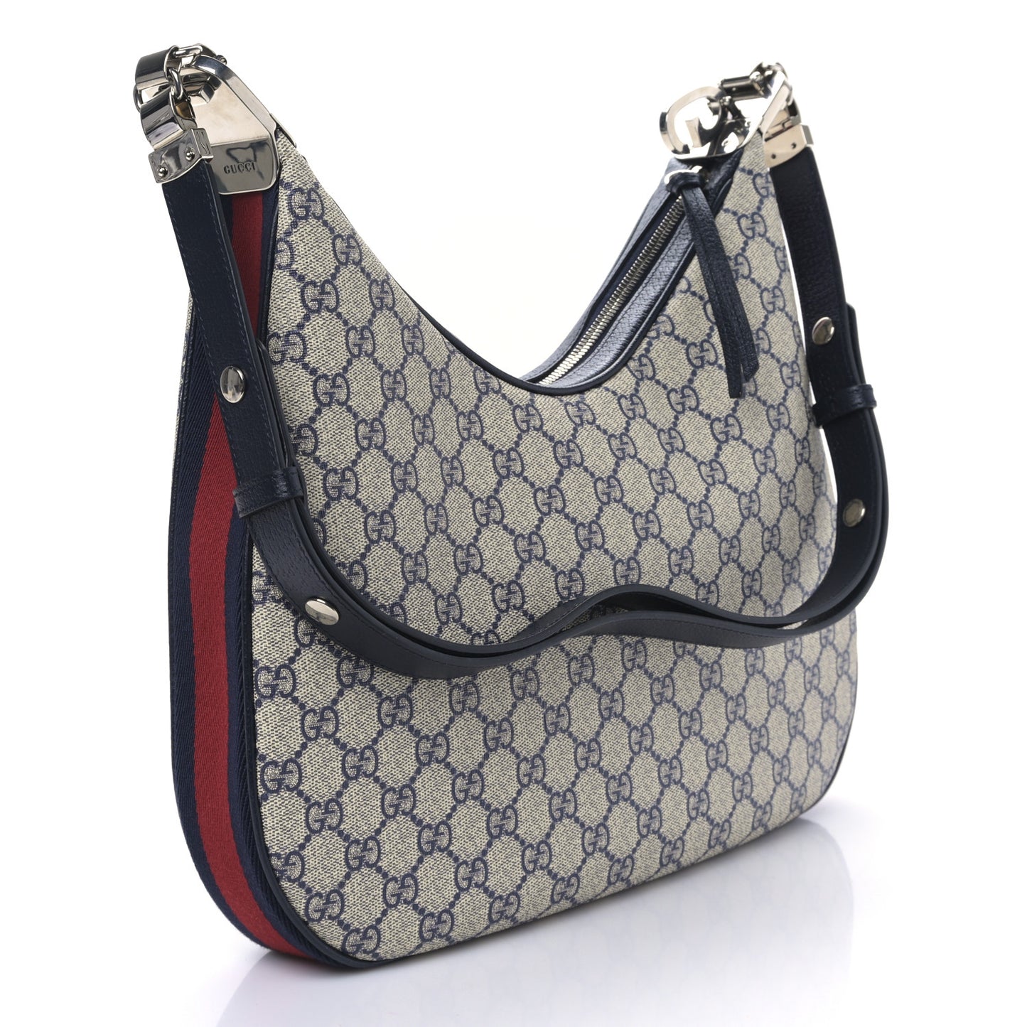 GG Supreme Monogram Textured Calfskin Web Large Attache Shoulder Bag Beige Blue