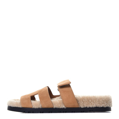 Hermes Suede Goatskin Woolskin Womens Chypre Sandals 38 Golden Beige 1 of 9