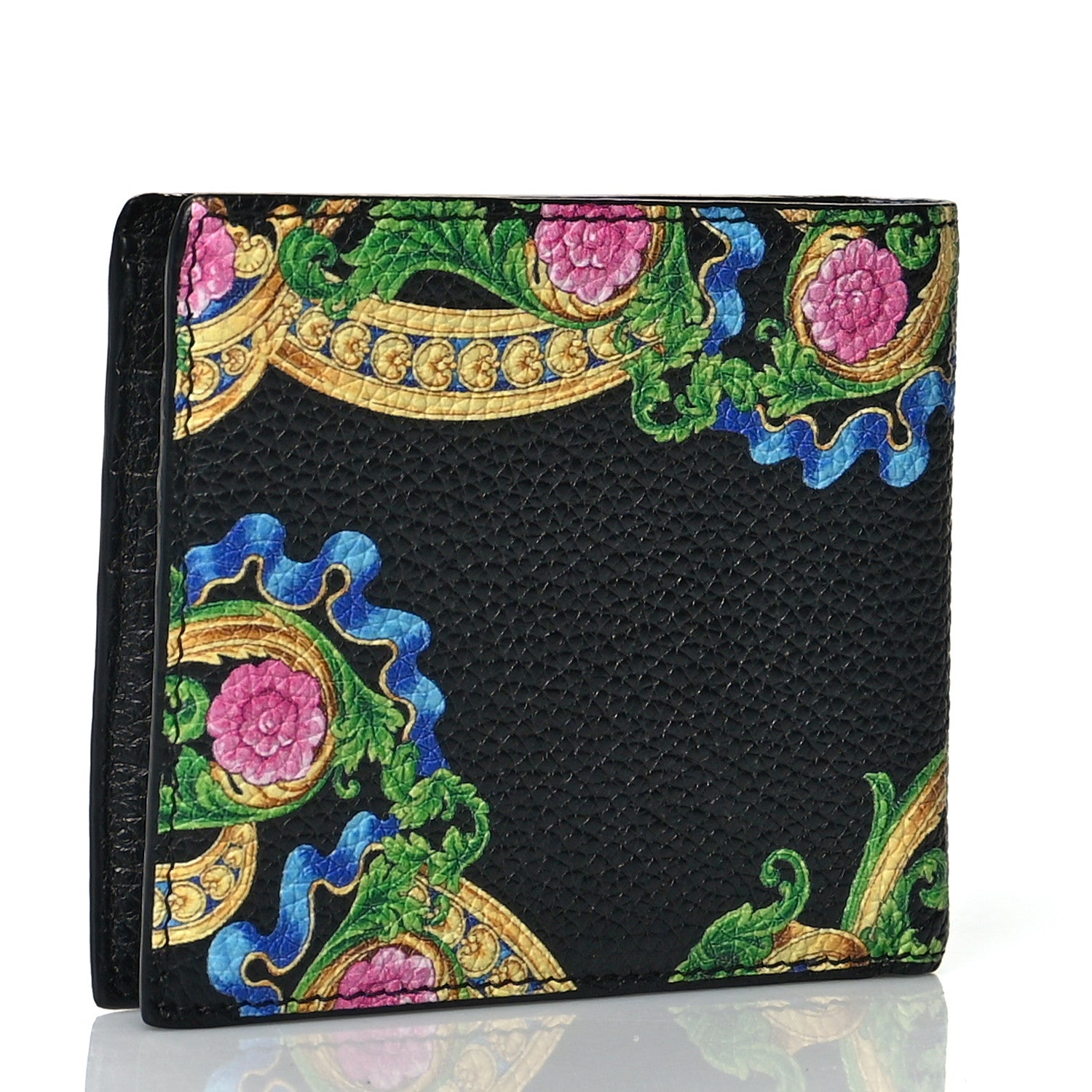 Versace Grained Calfskin Beverly Palm Print Bi-Fold Wallet Black Multicolor 3 of 7