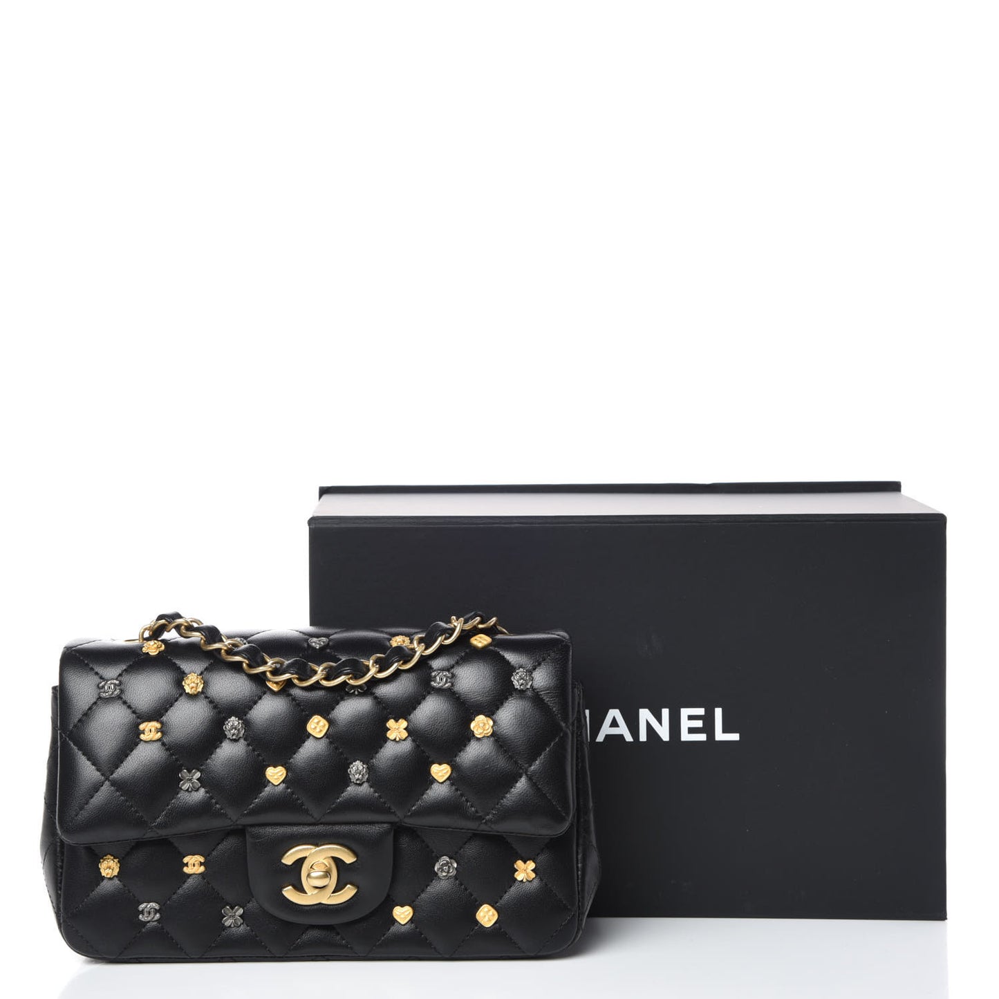Lambskin Quilted Studded Mini Rectangular Flap Black