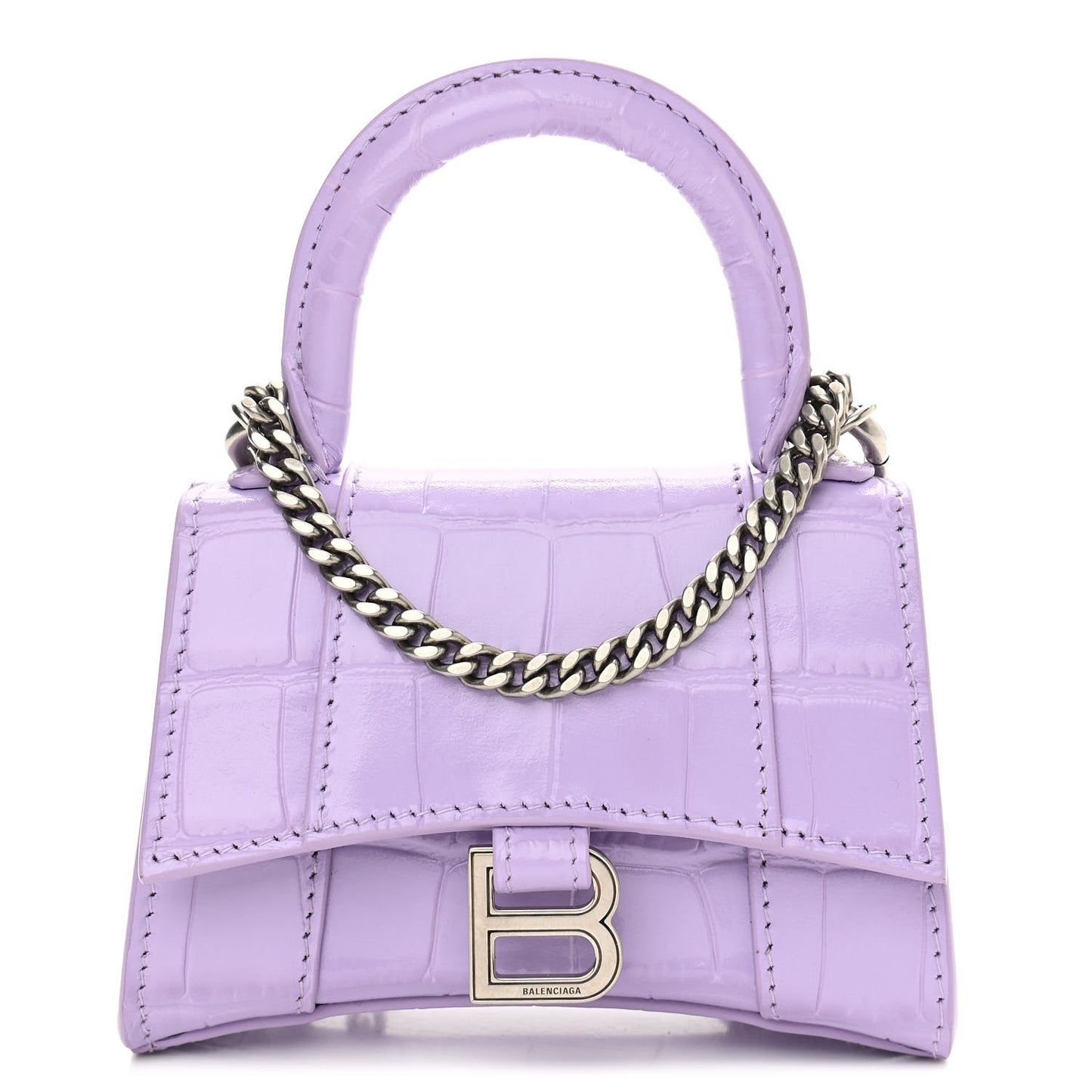 Shiny Calfskin Crocodile Embossed Hourglass Top Handle Bag Mini with Chain Lilac
