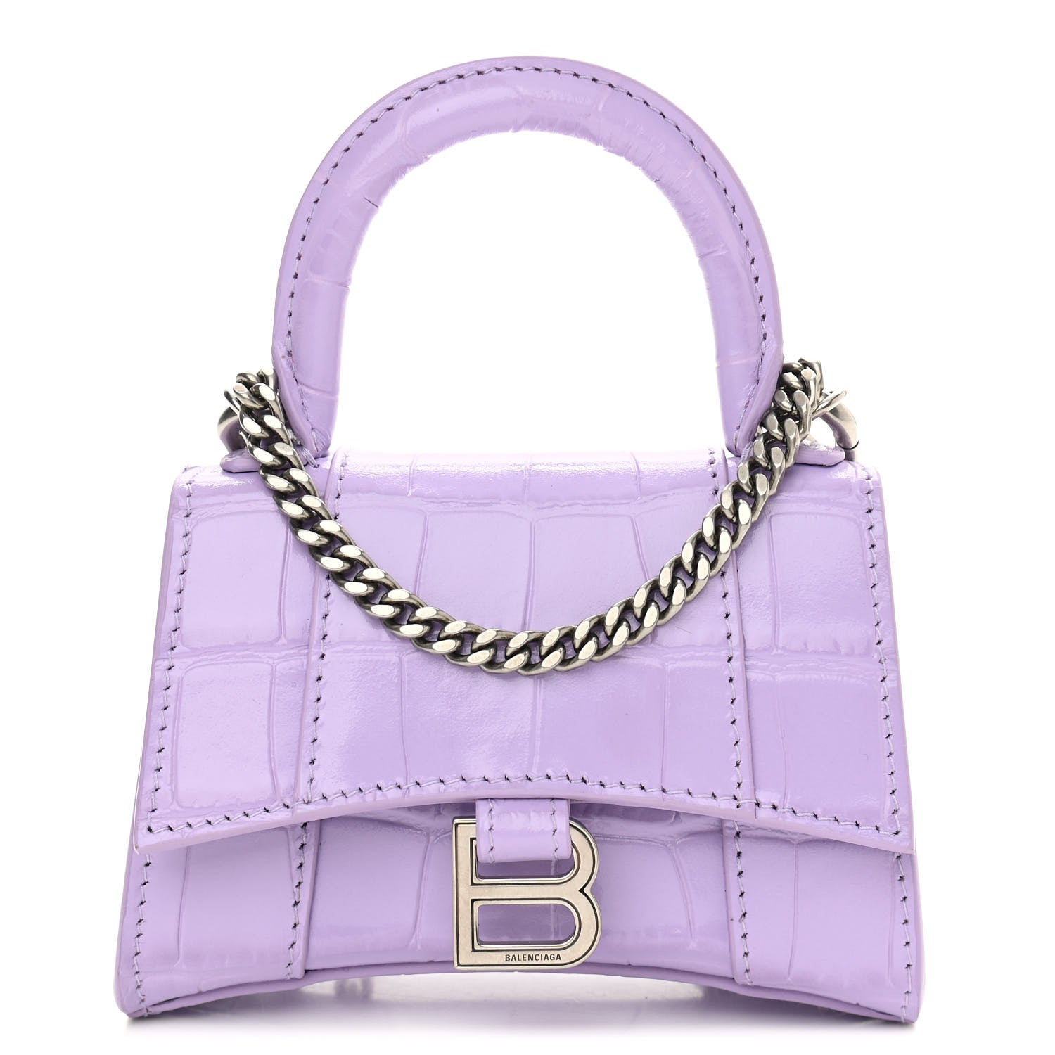 Balenciaga Shiny Calfskin Crocodile Embossed Hourglass Top Handle Bag Mini with Chain Lilac 1 of 10