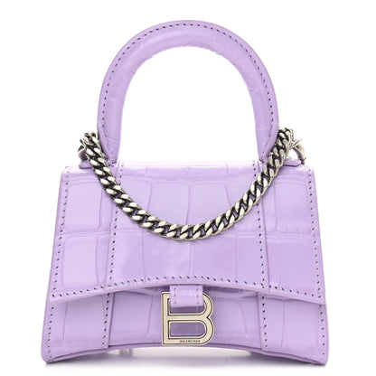 Balenciaga Shiny Calfskin Crocodile Embossed Hourglass Top Handle Bag Mini with Chain Lilac 1 of 10