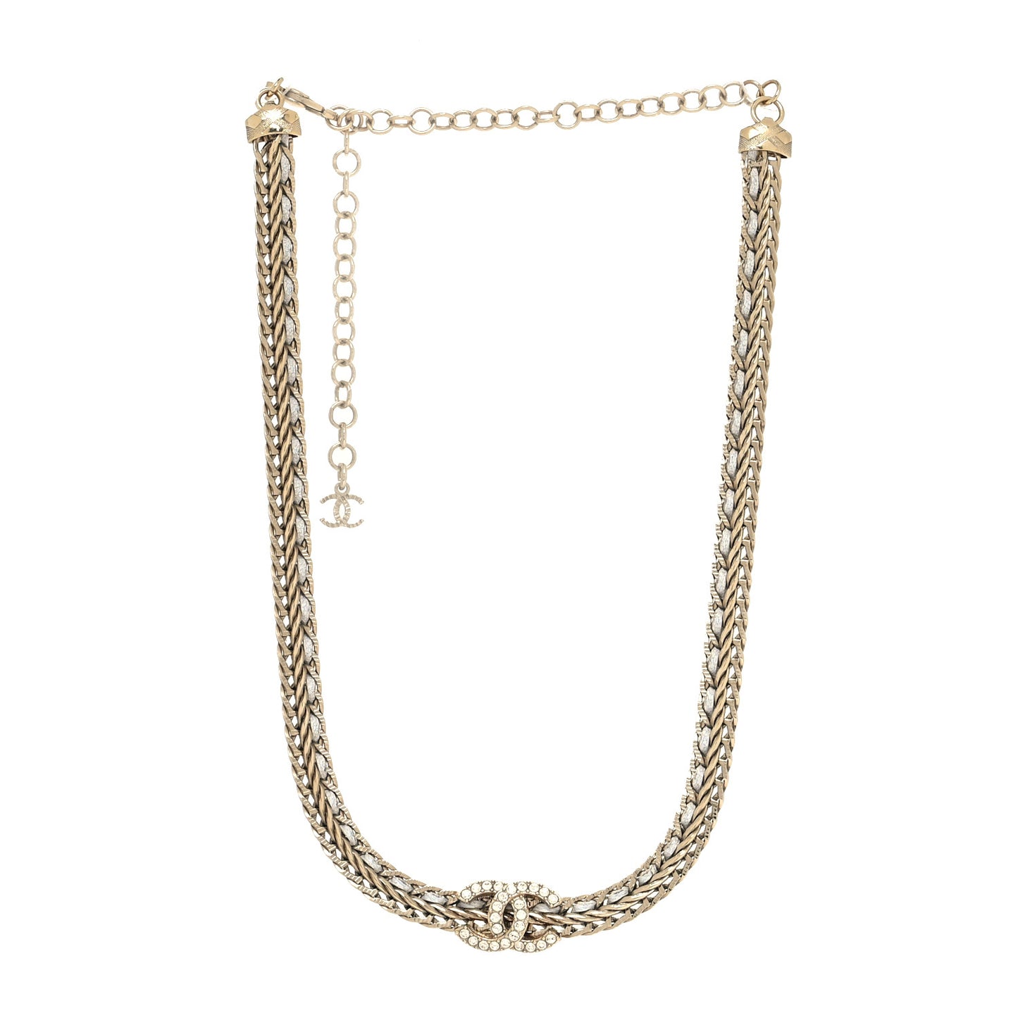 Metal Lambskin Crystal Chain CC Necklace White Gold