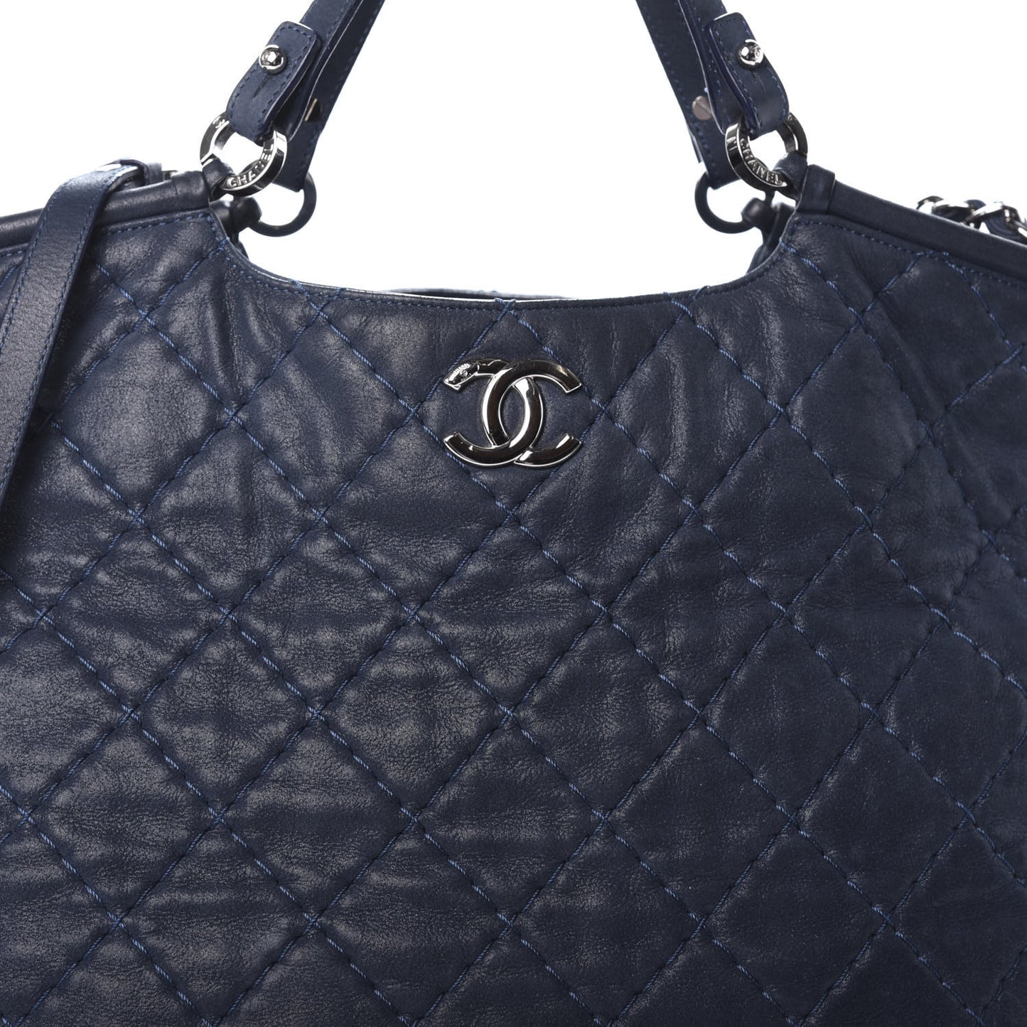 Iridescent Calfskin Quilted Large Sea Hit Tote Navy