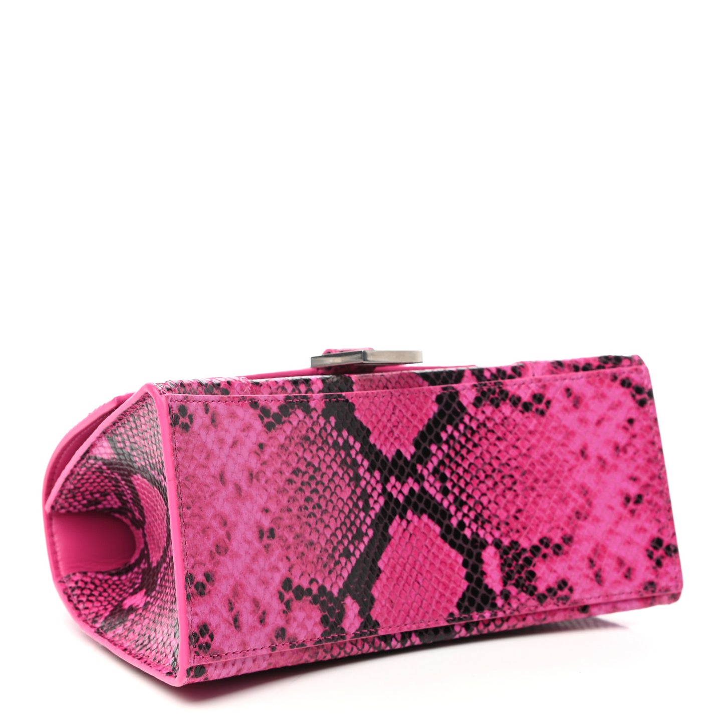 Shiny Calfskin Python Effect Small Hourglass Top Handle Bag Fuchsia Black