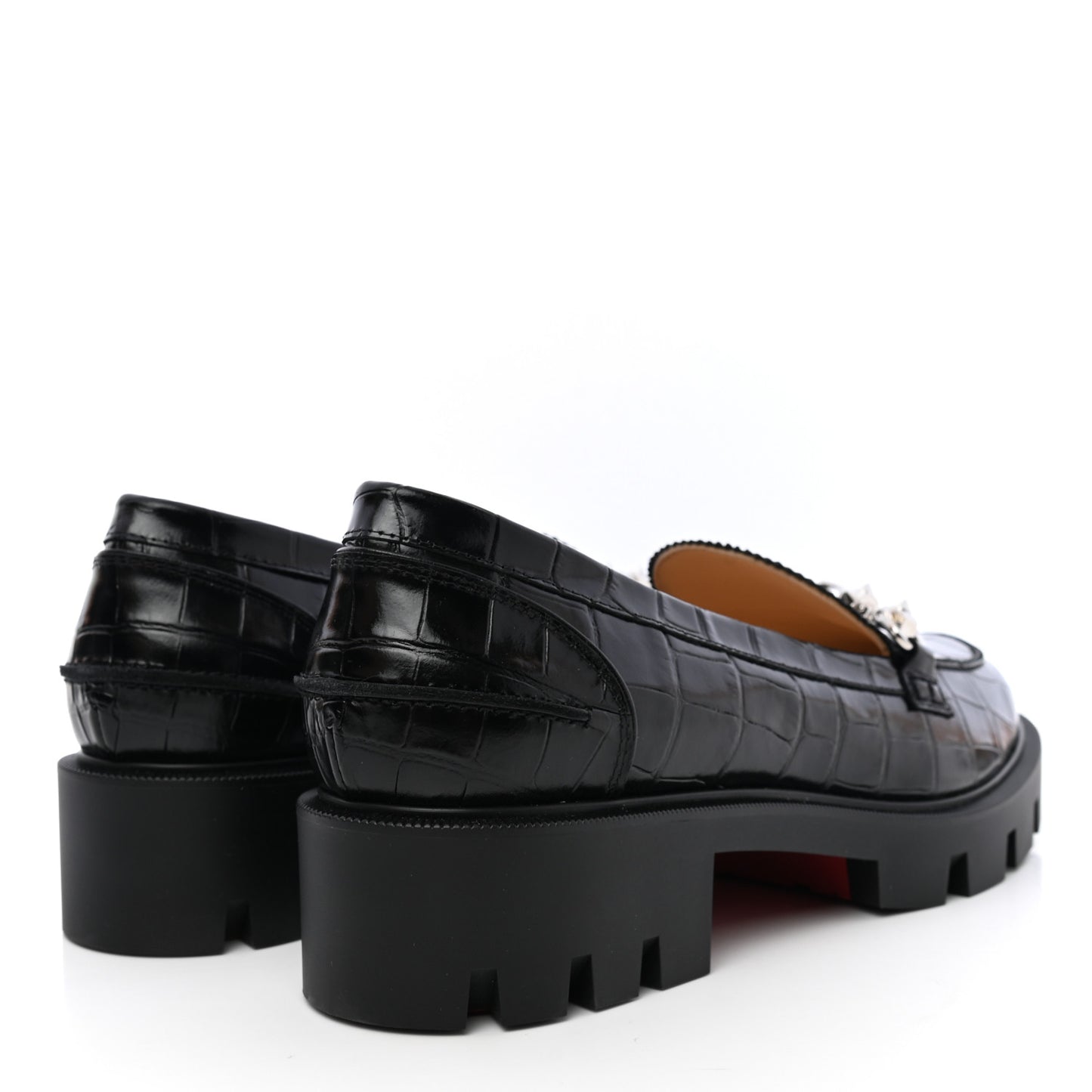 Croc Calfskin Embossed Womens Lug Swing Loafers 39.5 Black
