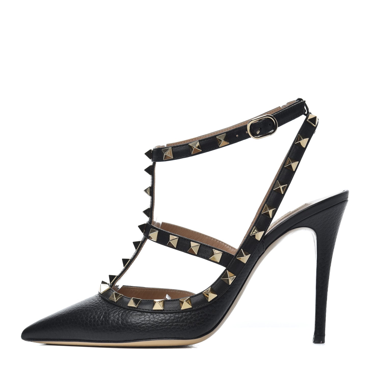 Pebbled Calfskin Rockstud Ankle Strap 100mm Pumps 38.5 Black