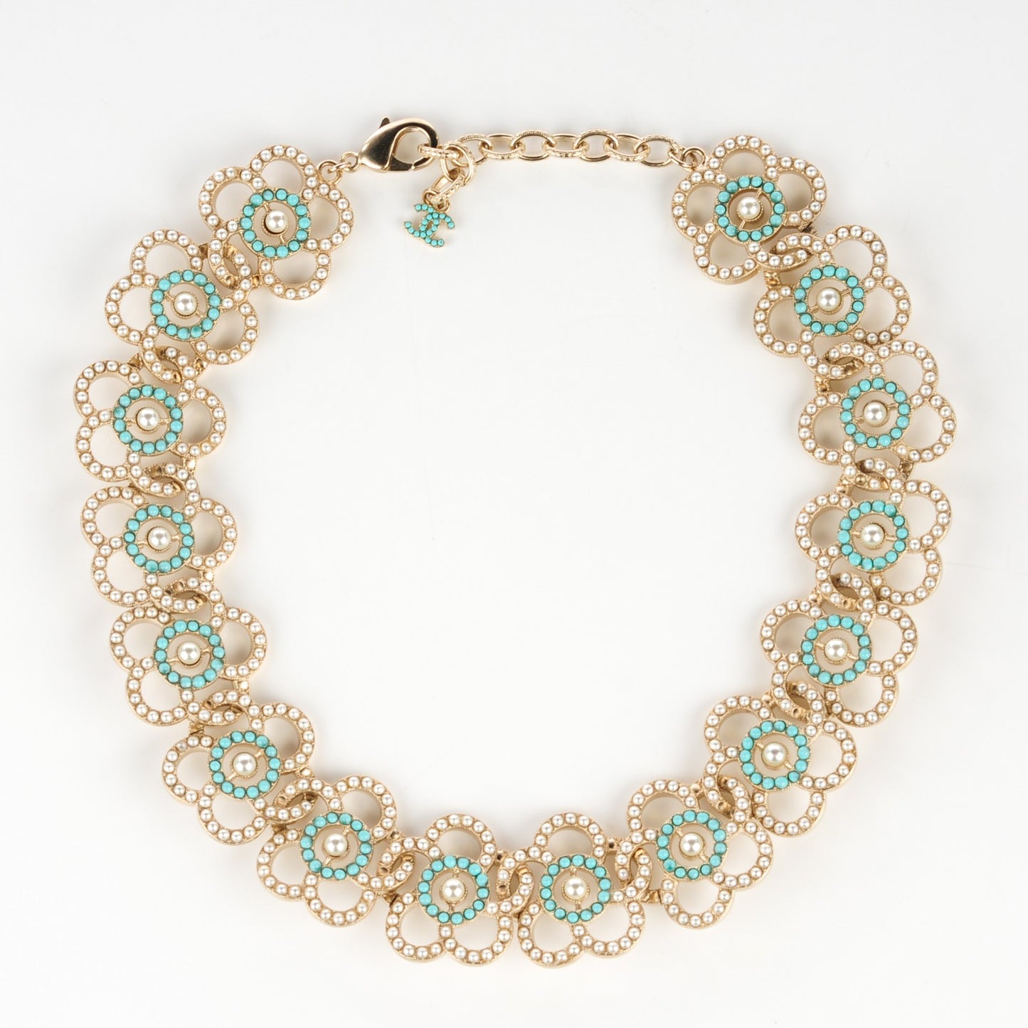 Bead Pearl CC Flower Necklace Gold