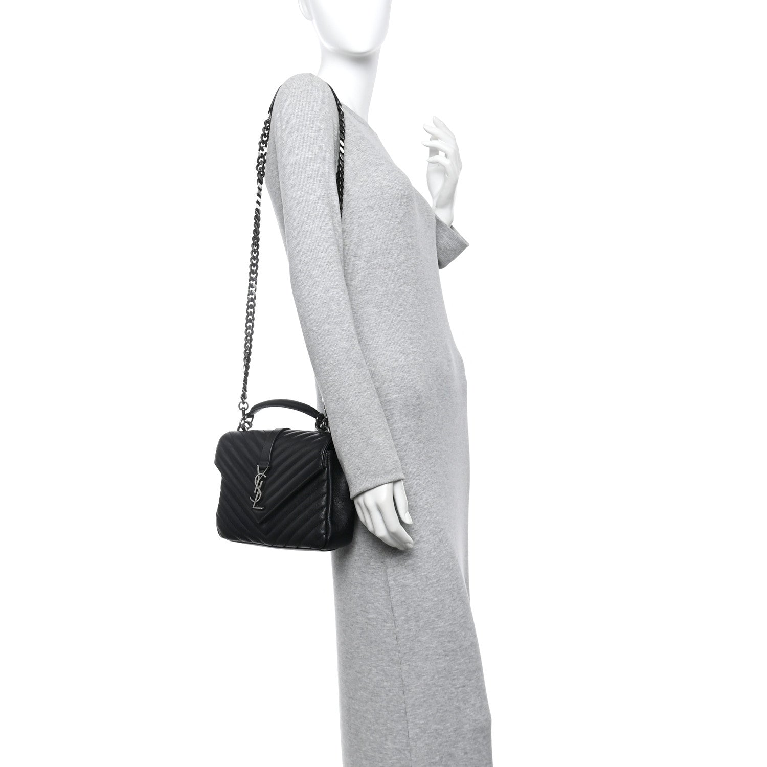 Saint Laurent Sheepskin Matelasse Chevron Monogram Medium College Bag Black 2 of 14