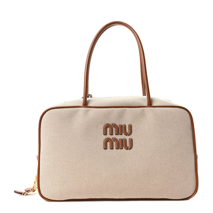 Miu Miu Canvas Calfskin Large Beau Top Handle Bag Naturale Brandy 1 of 9