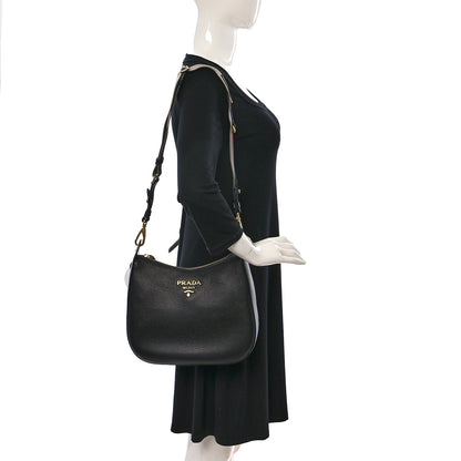 Prada Vitello Daino Zippered Messenger Hobo Black 2 of 8