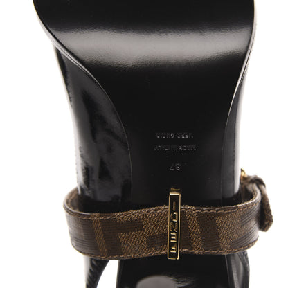 Fendi Glossy Neoprene Glazed Fabric FF FFrame Court Mary Jane Slingback Pumps 37 Black Tobacco Moro 7 of 7