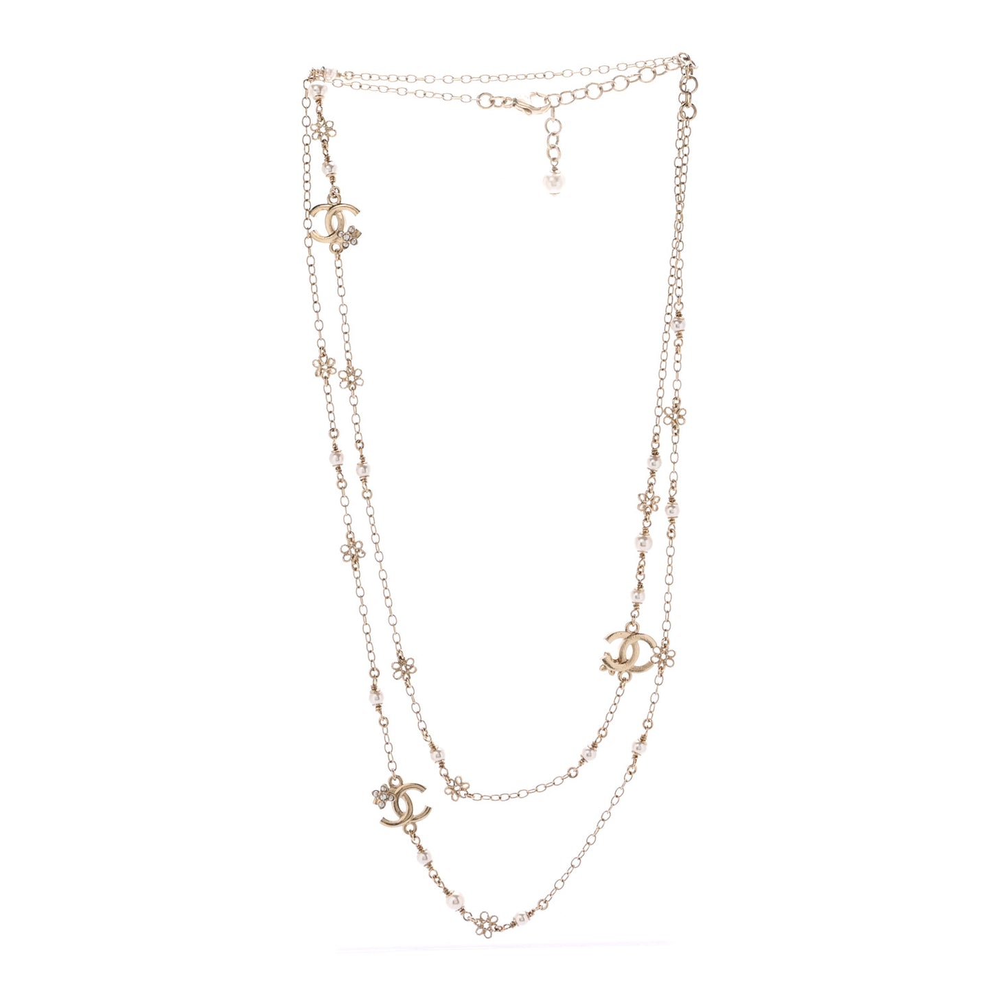Crystal Pearl CC Flower Charms Long Necklace Light Gold