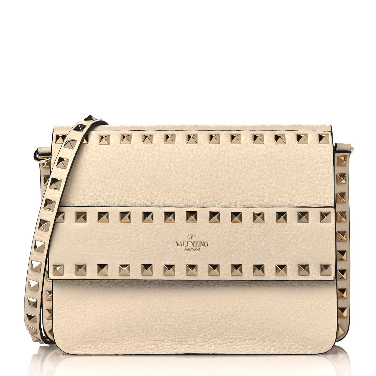 Grained Calfskin Small Rockstud Flap Crossbody Bag Light Ivory