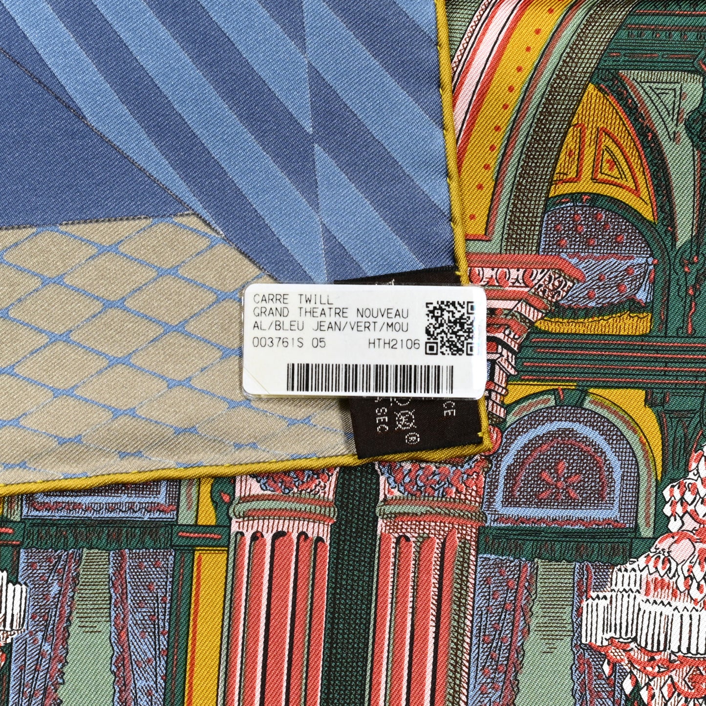 Silk Twill Grande Theatre Nouveau Scarf 90 Bleu Jean Vert Moutarde