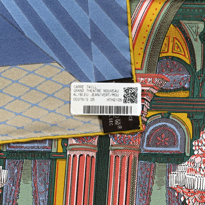 Hermes Silk Twill Grande Theatre Nouveau Scarf 90 Bleu Jean Vert Moutarde 8 of 8