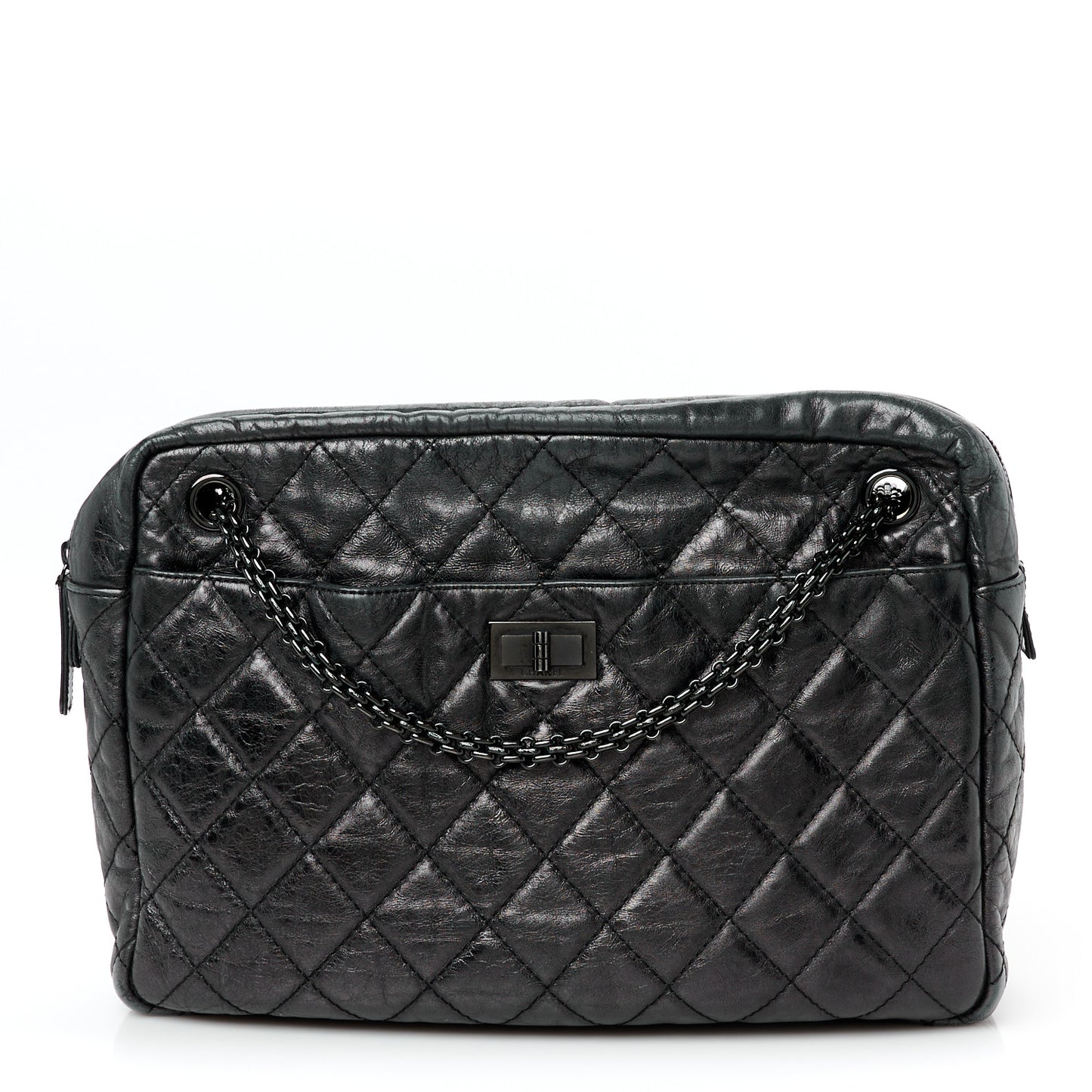 Metallic Aged Calfskin Quilted Large Reissue Camera Case Black