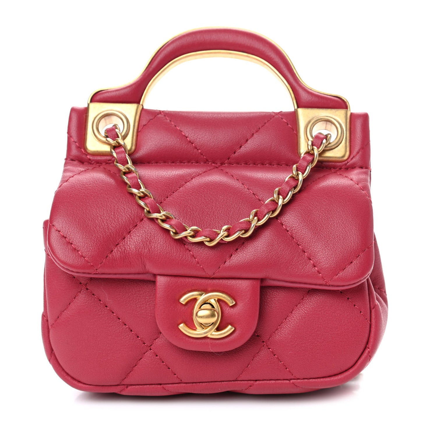 Calfskin Quilted Lady Handle Flap Card Holder With Chain Dark Pink