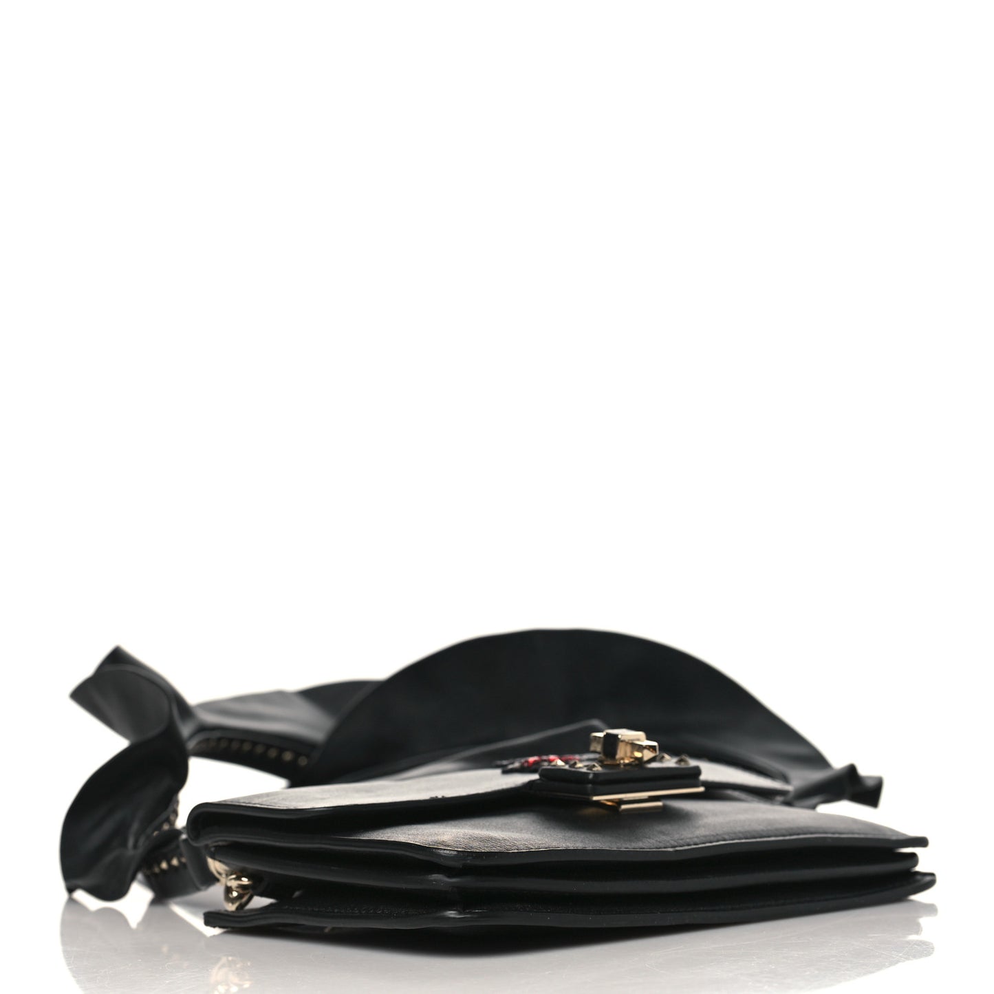 Calfskin Crystal Bead Embellished Mini Rockstud Love Story Ruffle Strap Bag Black
