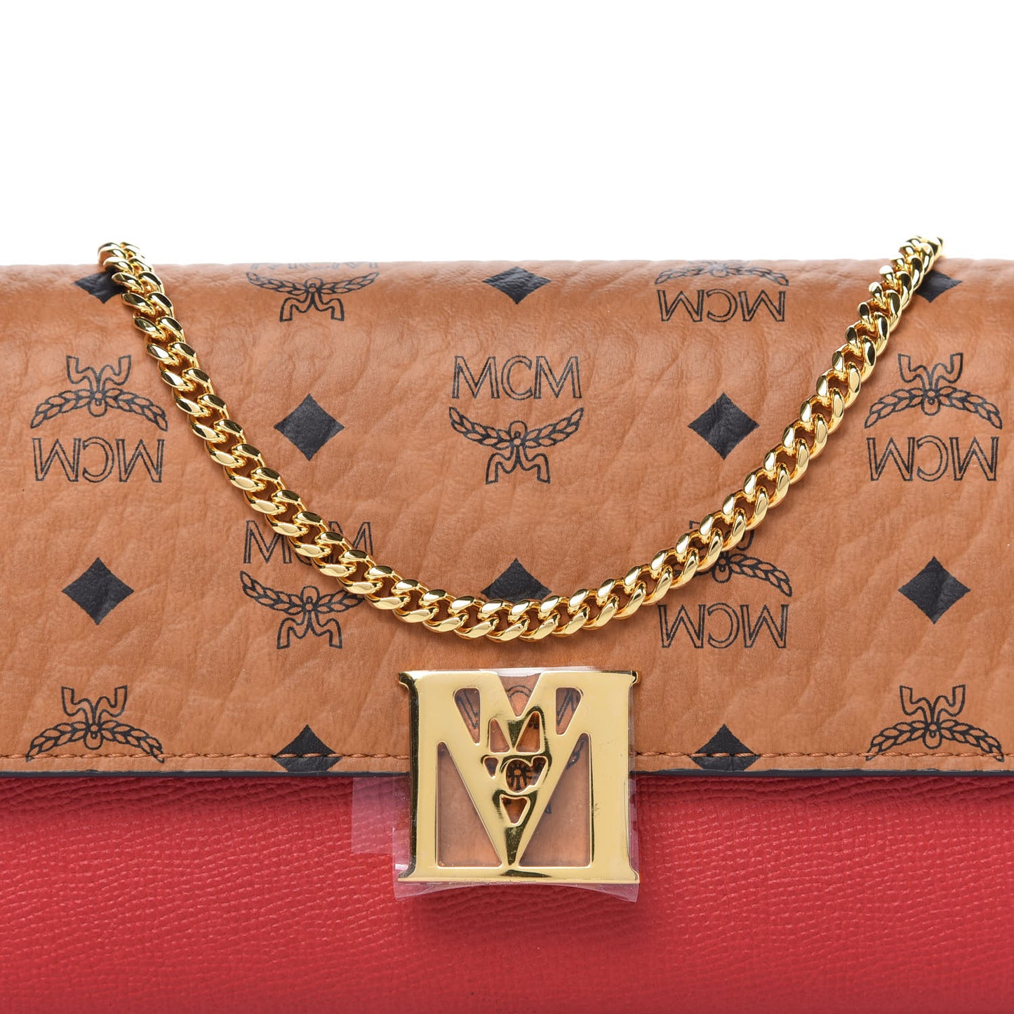 Visetos Calfskin Large Mena Crossbody Wallet On Chain Cognac Ruby Red