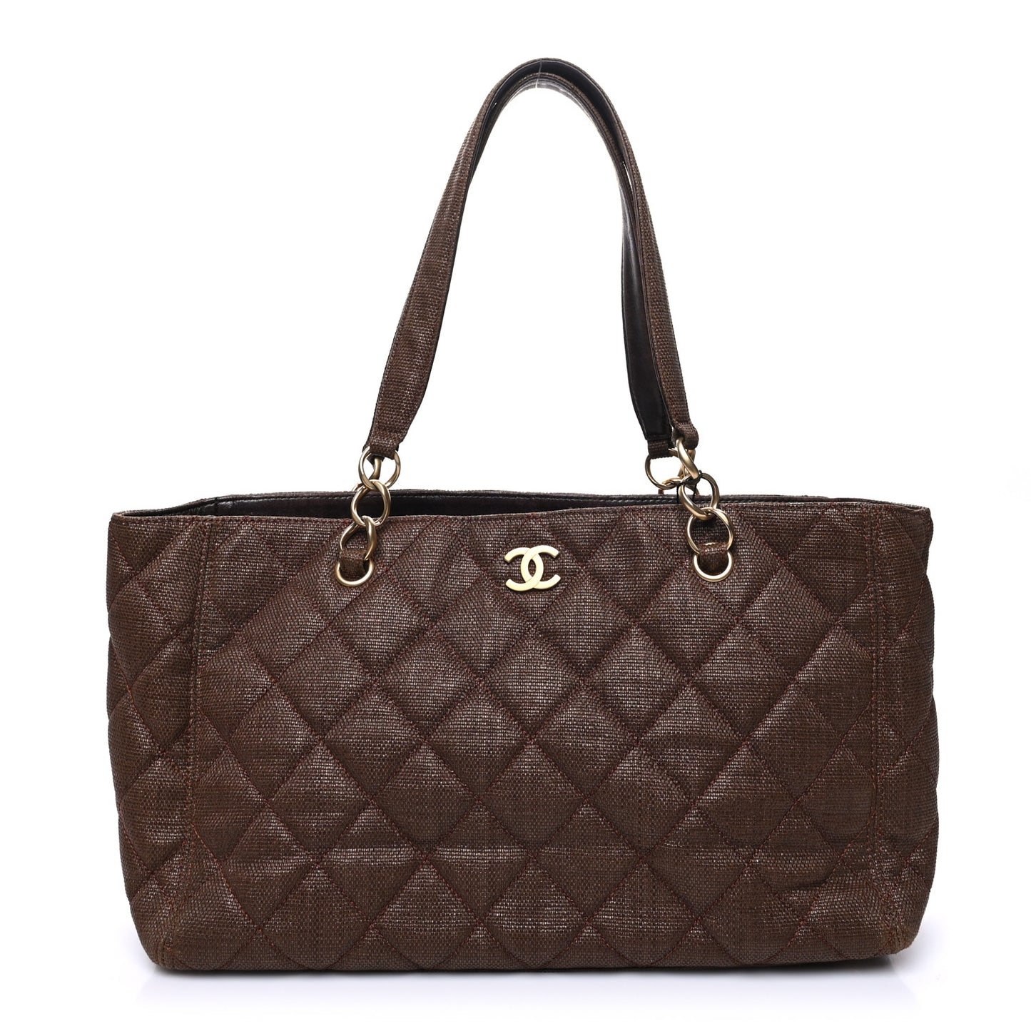 Woven Straw Quilted Shopping Tote Brown