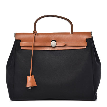 Hermes Toile Vache Calfskin Herbag 30 PM Black Natural 1 of 12
