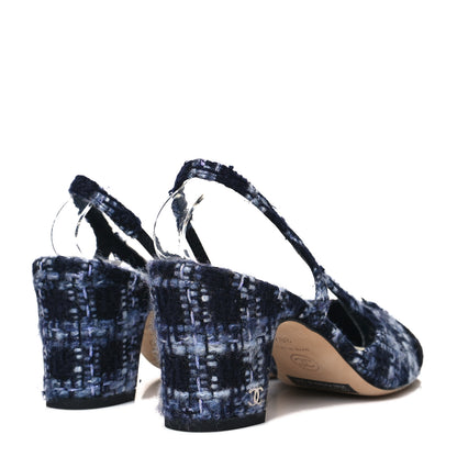 Chanel Tweed Cap Toe CC Slingback Pumps 36.5 Navy Blue Black 4 of 8